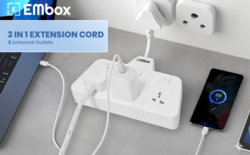 EMBOX Multi Plug Socket 2500 W | Extension Board with Switches | 3 Universal Sockets Multi Plug Adapter Fast Charging No Block Design, White