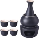 Japanese Sake Set with Warmer Ceramic Cups, Traditional Sake Serving Set Black Glaze Texture Handmade Wine Glasses for Cold/Hot/Shochu/Tea Family and Friends