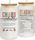 Teacher Glass Cup Tumbler Chaos Coordinator Teacher Gifts for Women, Teacher Cups Student Teacher Gifts, Graduation Thank you Christmas Gifts for Teachers Mug Appriation Drinking Cup 16oz Glass Can