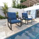 3 Pieces Outdoor Rocking Bistro Set,Patio Conversation Set w Thick Cushions and Glass-Top Table for Poolside Patio Garden(Blue)