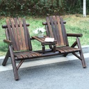 Outdoor 2-Person Wooden Adirondack Bench, Conversation Furniture Set with Patio Rustic Loveseat & Built-in Table, Carbonized Garden Bench Fire Pit Chair for Backyard Porch Pool Deck