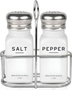 White Salt and Pepper Shakers Set with Holder by Brighter Barns - Neutral Minimalist Glass Salt Shaker with Caddy - Dining Table Decor, Modern Kitchen Accessories for Restaurant, Hotel, Airbnb (White)