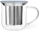 VIVA Minima Eva Glass Tea Cup with Mesh Infuser - Coffee Mug With Porcelain Lid/Saucer - 14 oz / 400 ml, Hazy Blue
