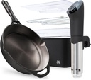Greater Goods 10” Cast Iron Skillet with Sous Vide Cooker and Sous Vide Container for Father's Day. Black.