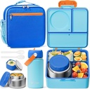 Fimibuke Kids Bento Lunch Box with Thermos, Leakproof Toddler Bento Box with 8.5 OZ Insulated Food Jar, Lunch Bag, Kids Water Bottle, 3 or 4 Compartment Container for Back to School Toddler Girls Boys