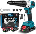 ONEVAN Cordless Rivet Gun with 2PCS Batteries and 1.2A Fast Charger, Brushless Electric Rivet Gun, 0.78" Stroke Length, Rivet Gun Kit for 1/8", 5/32", 3/16" Stainless & Aluminum Rivets