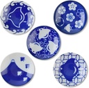 Mino Ware CHIDORI Plovers 5 Designs Plates Set, Small Plates Soy Sauce Plates, 3.7 inch Indigo Blue, Set of 5