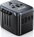 Universal Travel Adapter, VYLEE 5 in 1 International Power Adapter, 3.5A 2xUSB-A and 2xUSB C Wall Charger, Worldwide Travel Essentials Plug for Europe USA UK AUS Asia (Black Grey)