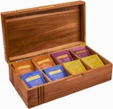 Acacia Wood Tea Bag Organizer and Storage Tea Box - 8 Compartment for Tea Bags & Sugar Packets with Gold-Tone Hinges, Gift-Inspired Design With Decorative Parcel Grooves