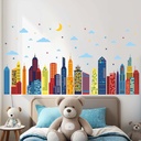 Colorful City Skyline Wall Stickers - City Building Silhouette Wall Decals - Boys Nursery Kids Bedroom Living Room Wall Decor