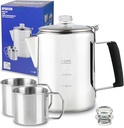 Multi Use 9 Cup Coffee Pot Bundle Coffee Percolator with 2 Mugs Stainless Steel Coffee Maker with Two Heat Resistant Borosilicate Glass Knob Fireproof Silica Handle Using on any Stovetop