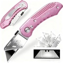 Box Cutter, Folding Utility Knife with Aluminum Handle, Heavy Duty Knife, Back-lock Mechanism, Stainless Belt Clip, for Carpet, Carton, Box, Cardboard, with 5-piece Extra Blades (Pink)