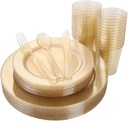 I00000 150PCS Gold Disposable Plates Silverware, Gold Glitter Dinnerware Set Include 25 Dinner Plates 10.25’’, 25 Dessert Plates 7.5’’, 25 cups 10 OZ, 25 Forks, 25 Knives, 25 Spoons for Wedding,Party